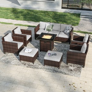 Sonkuki 8 Pieces Patio Sofa with Square Fire Pit Table and Ottomans, Wicker Conversation Couch, Light Gray Cushion - 1 of 4