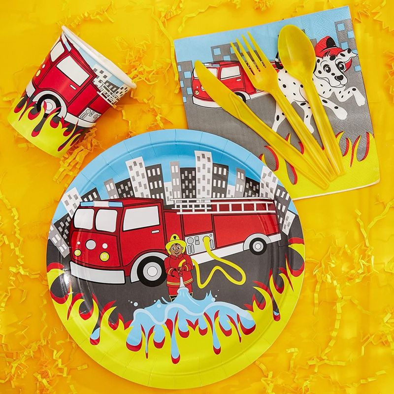 Juvale Fire Truck Party Supplies Paper Plates Cutlery (Set of 24), 2 of 8