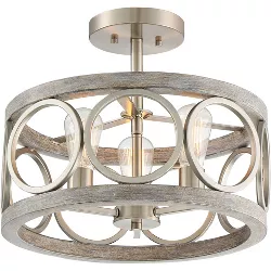Franklin Iron Works Rustic Farmhouse Ceiling Light Semi Flush Mount Fixture Brushed Nickel Gray Wood Finish 16" Wide Drum Edison Bedroom