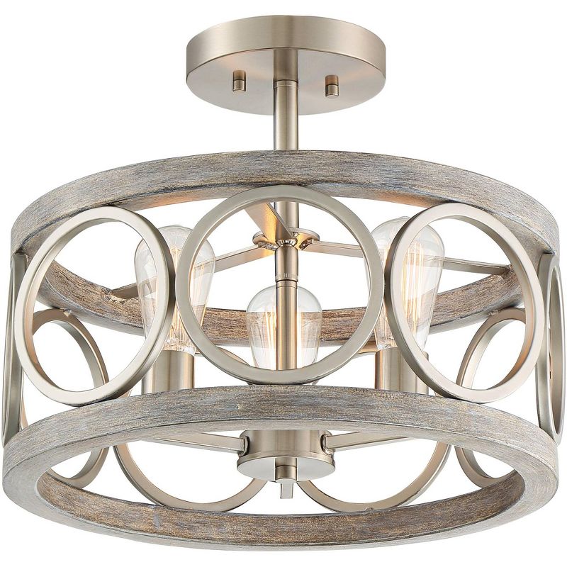 Franklin Iron Works Salima Rustic Farmhouse Ceiling Light Semi Flush Mount 16" Wide Brushed Nickel Gray Wood 3-Light LED for Bedroom Living Room House, 1 of 10