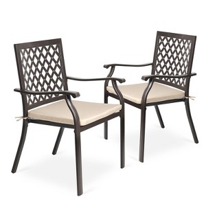 Aoodor Outdoor Patio Stackable Metal Dining Chairs  2-Piece Set with Curved Armrests and Strapped Seat Cushions - 1 of 4