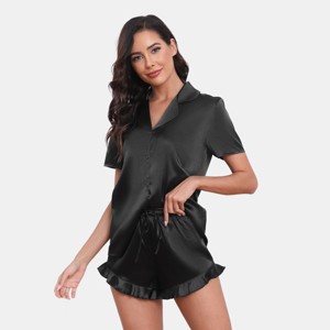 Women‘s Black Button Front Ruffled Pajama Set -Cupshe - 1 of 4