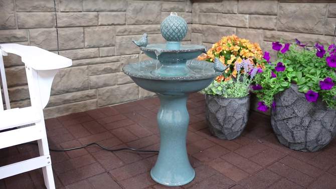Sunnydaze 27"H Electric Green Ceramic 2-Tier Resting Birds Outdoor Water Fountain, 2 of 14, play video