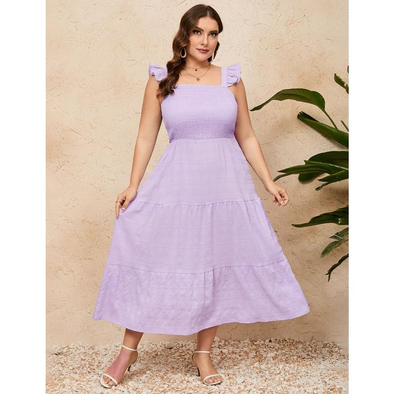 Women Plus Size Sleeveless Maxi Dress Smocked High Waist Tiered Ruffle Summer Casual Midi Dress, 4 of 9