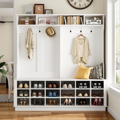 FUFU&GAGA Modern White Shoe Cubbies Wide Hall Tree With Hooks