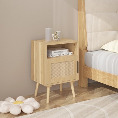 VYNXARIA Rattan Nightstand,Side Table with Door Open Shelf,Accent Bedside End Table with Solid Wood Legs for Bedroom,Dorm and Small Spaces,Oak