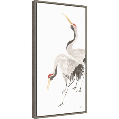 Gray and White Crane Watercolor Canvas Wall Art with Black Frame