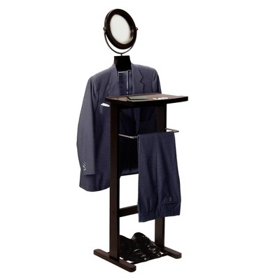 Espresso Brown Wood Valet Stand with Mirror and Storage