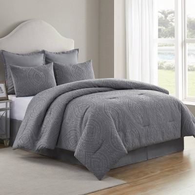 Gray Microfiber Queen Comforter Set with Ogee Damask Design