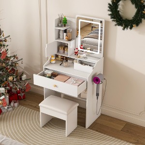 KWPZQEB Vanity Desk with LED Mirror Lights, Makeup Vanity Set with Stool, Open Shelves & Drawers, Vanity Table with Folding Table for Dressing Room - 1 of 4