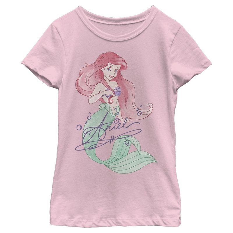Girl's The Little Mermaid Ariel Watercolor Signature T-Shirt, 1 of 5