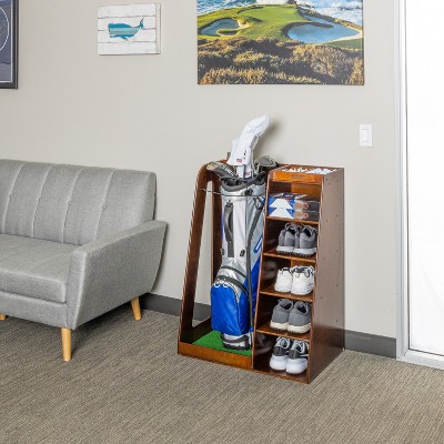 Premium Brown Wooden Freestanding Golf Bag Organizer and Storage Rack