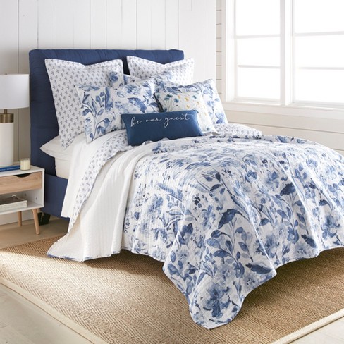 Linnea Blue Floral Quilt Set - Full/Queen Quilt and Two Standard Shams Blue  - Levtex Home