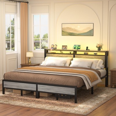 Aheaplus Platform Bed Frame with Charged Station and LED Lights