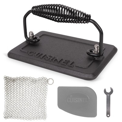 Cuisinel Cast Iron Grill Press + Chainmail Scrubber + Pan Scraper - Burger Press for Bacon, Steak, Sandwich & Hamburgers.