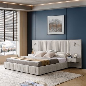 KWPZQEB Luxury Platform Bed Frame with 2 Lamps & 2 Nightstands, Upholstered Bed Frame with Oversize Fabric Headboard for Bedroom, No Box Spring Needed - 1 of 4