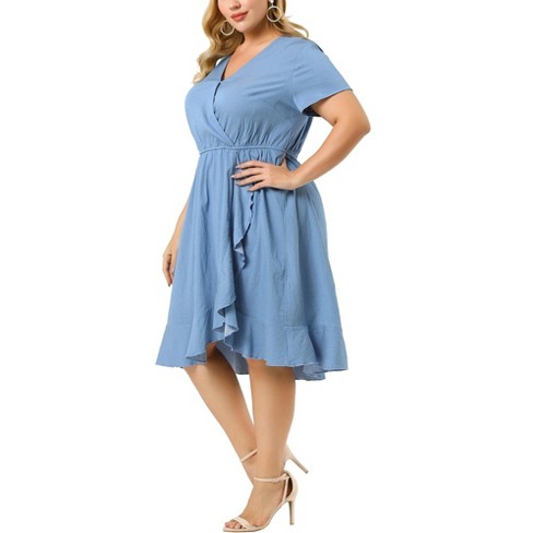 Agnes Orinda Women's Plus Size Relaxed Fit Faux Wrap Elastic Waist V Neck  Chambray Ruffle Dress Light Blue 1X