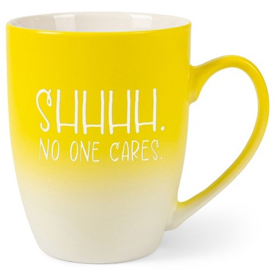 Elanze Designs Shhhh. No One Cares. Two Toned Ombre Matte Yellow and White 12 ounce Ceramic Stoneware Coffee Cup Mug