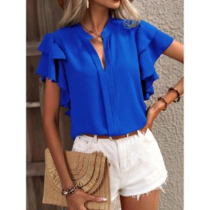 Womens Flowy Tunic Tops with Flutter Sleeve V Neck Tops Front Seam Short Sleeve Blouse Summer Casual Tops - 1 of 3