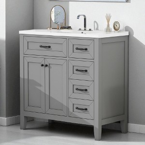 36" Bathroom Vanity with Ceramic Sink Top, Soft-Close Doors, 3 Drawers, Solid Wood Freestanding Cabinet for Modern Bathrooms - 1 of 4