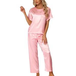 cheibear Women's Satin Summer Short Sleeves Sleepshirt with Pants Lounge Pajamas Sets - 1 of 4