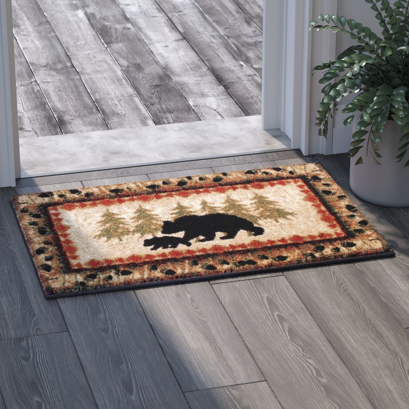 Emma and Oliver Cabin Theme Accent Rug with Bear and Cub Design with Trees in Background and Bear Track Patterned Edges, 3 of 7