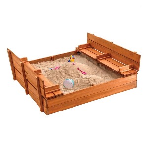 Large Wooden Kids Sandbox with Lid - Outdoor Sand Box with Cover for Sand Protection, Foldable Bench Seats, and Bottom Liner Play22usa - 1 of 4