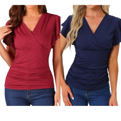 INSPIRE CHIC Women's Summer V Neck Ruffle Sleeve Casual Faux Wrap Blouse 2 Packs