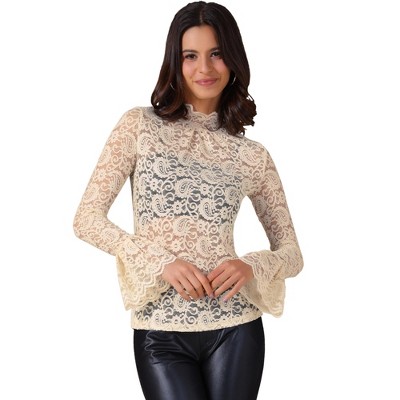 INSPIRE CHIC Women's Floral Lace Mesh Mock Neck Long Bell Sleeve Casual Dressy Blouse