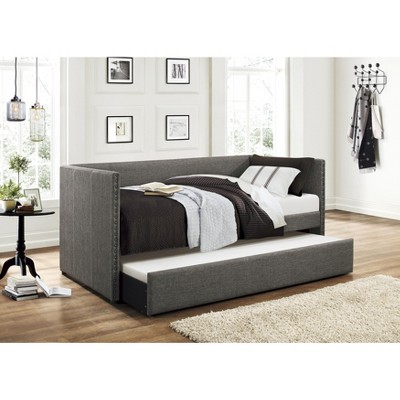 NicBex Twin Size Upholstered Nailhead Trim Daybed with Pull-out Trundle for Bedroom,Living Room,Apartment