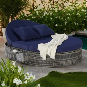 Outdoor Patio Rattan Round Daybed Sunbed with Adjustable Backrests and Foldable Cup Trays - 1 of 4