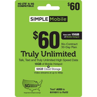 Simple Mobile $60 Unlimited Talk Text Data Prepaid Card (email Delivery ...