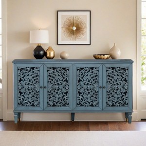60" Antique Buffet Cabinet with Floral Carvings with Solid Wood Legs&Antique Brass Handles&Adjustable Shelves - Leovsnove - 1 of 4