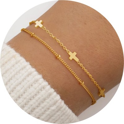 Turandoss 2PCS Gold Bracelet for Women Girls - Dainty 18K Gold Chain Bracelet Stack for Kids, Layered Bracelet Set, Christmas Gifts for Girls, 6+2In