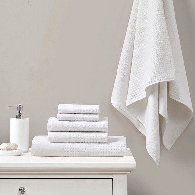 6Pcs 100% Cotton Solid Color Bath Towel Set, Anti-Microbial Certified Waffle Jacquard Quick Dry Bath Towel