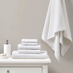 6Pcs 100% Cotton Solid Color Bath Towel Set, Anti-Microbial Certified Waffle Jacquard Quick Dry Bath Towel - 1 of 4