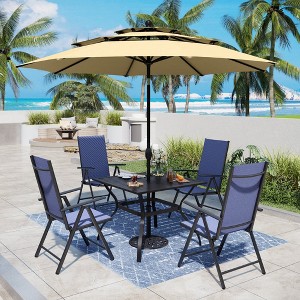 Captiva Designs 6pc Patio Slat-top Square Table & Textilene Reclining Foldable Chairs & Market Umbrella - 1 of 4