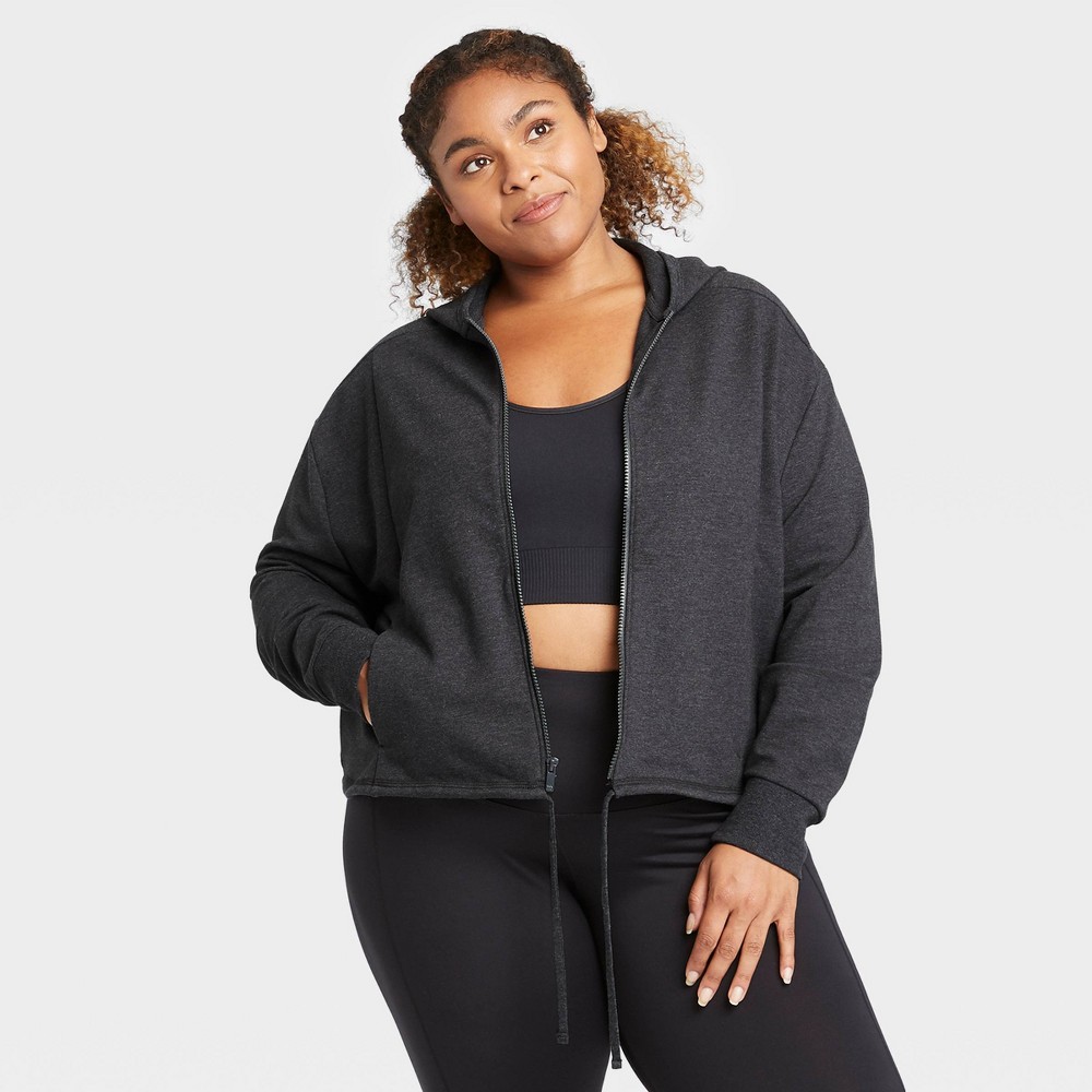 Women's Plus Size French Terry Full Zip Hoodie - All in Motion Charcoal Heather Gray 2X, Grey Grey Gray was $30.0 now $13.5 (55.0% off)