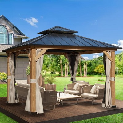 EROMMY 11' x 11' Cedar Wood Frame Gazebo, Outdoor Hardtop Gazebo with Metal Roof