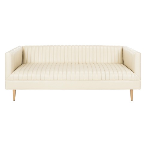 Carmina Channeled Leather Sofa Light Beige Safavieh