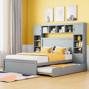 Full Size Wooden Bed with All-in-One Cabinet and Twin Size Trundle - 1 of 4
