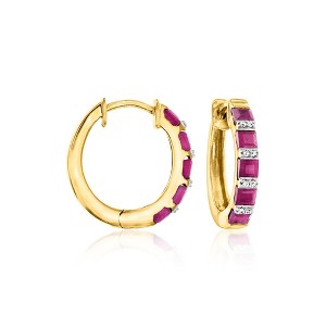 Ross-Simons 2.60 ct. t.w. Ruby Hoop Earrings With Diamonds in 18kt Gold Over Sterling - 1 of 3