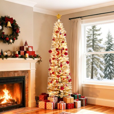 6FT Artificial Christmas Tree with Dual LED Lights, Pre-lit Pencil Tree, Festive Decorations, Ideal for Family Gatherings