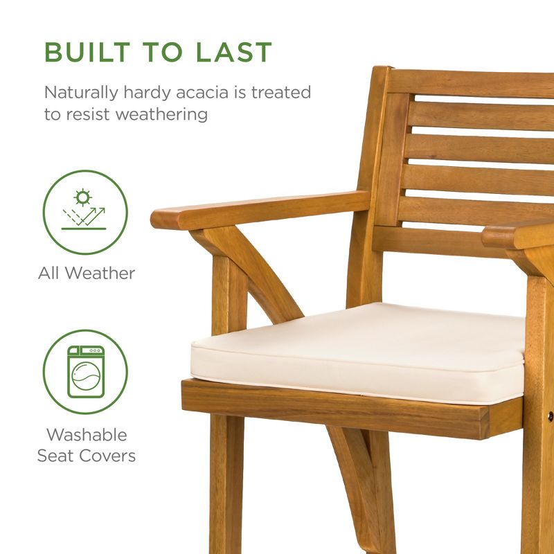 Best Choice Products Set of 2 Outdoor Acacia Wood Bar Stools Bar Chairs w/ Weather-Resistant Cushions - Teak Finish, 4 of 10
