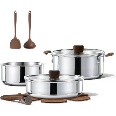 BRINJOY 10-Piece Stainless Steel Cookware Set with Removable Handles - Induction Compatible, Oven-Safe, Space-Saving Design for RV & Home Kitchens