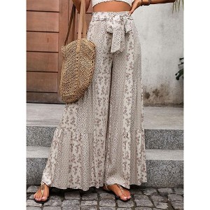 Women's Summer Casual Boho Palazzo Pants High Waist Lace-up Flowy Wide leg Pants With Ethnic Style Lounge Trousers - 1 of 4
