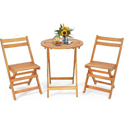 Tangkula 3PCS Folding Bistro Set Solid Acacia Wood Table & Chairs Slatted Tabletop Patio