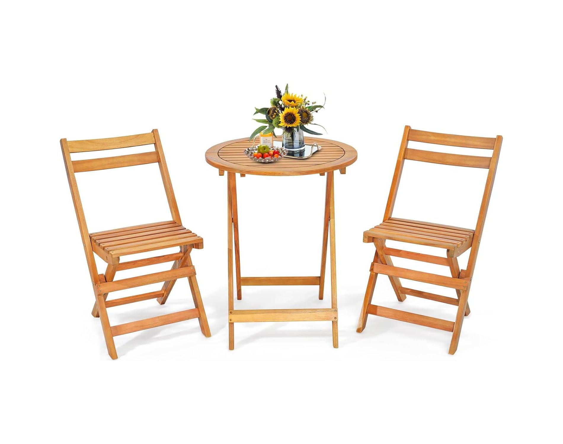 Tangkula 3PCS Folding Bistro Set Solid Acacia Wood Table & Chairs Slatted Tabletop Patio