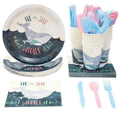 Blue Panda 144-Piece Serves 24 Whale Gender Reveal Party Supplies - Disposable Plate, Napkin, Cup & Cutlery