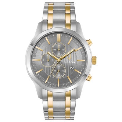 Bulova Men's Chronograph Quartz Two Tone Gold Stainless Steel Watch, Gray Dial 43mm